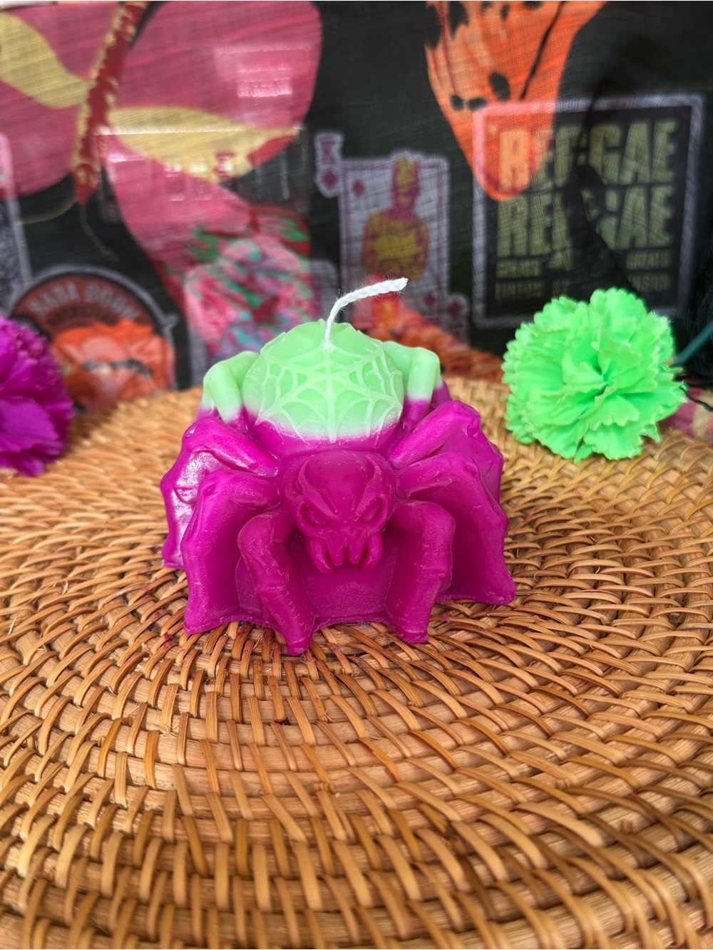 Handmade Spider Candle – Hot Pink & Green Web Design